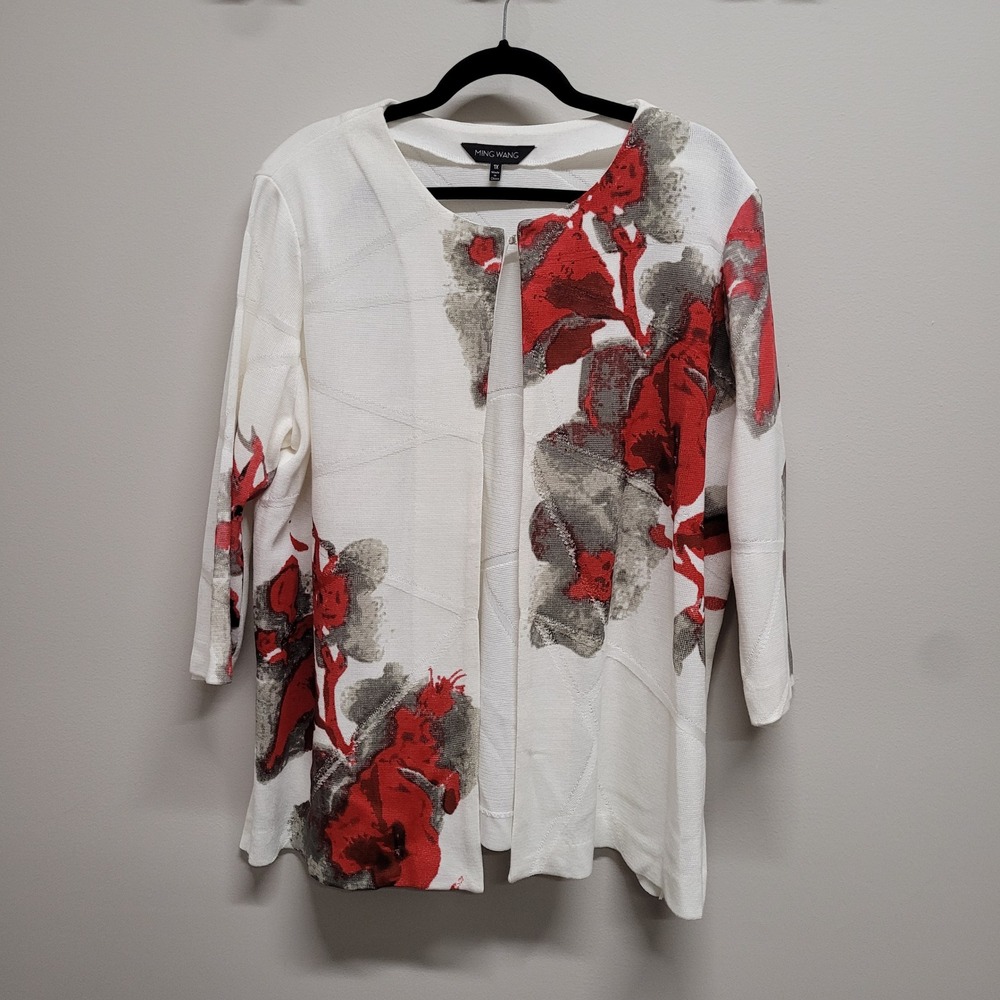 Ming Wang White Cardigan with Red and Gray Floral Print